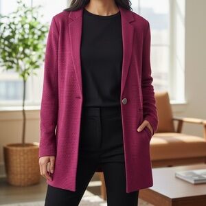 Misook Textured Knit Blazer Jacket Raspberry Pink Open Front, Single Button SZ M